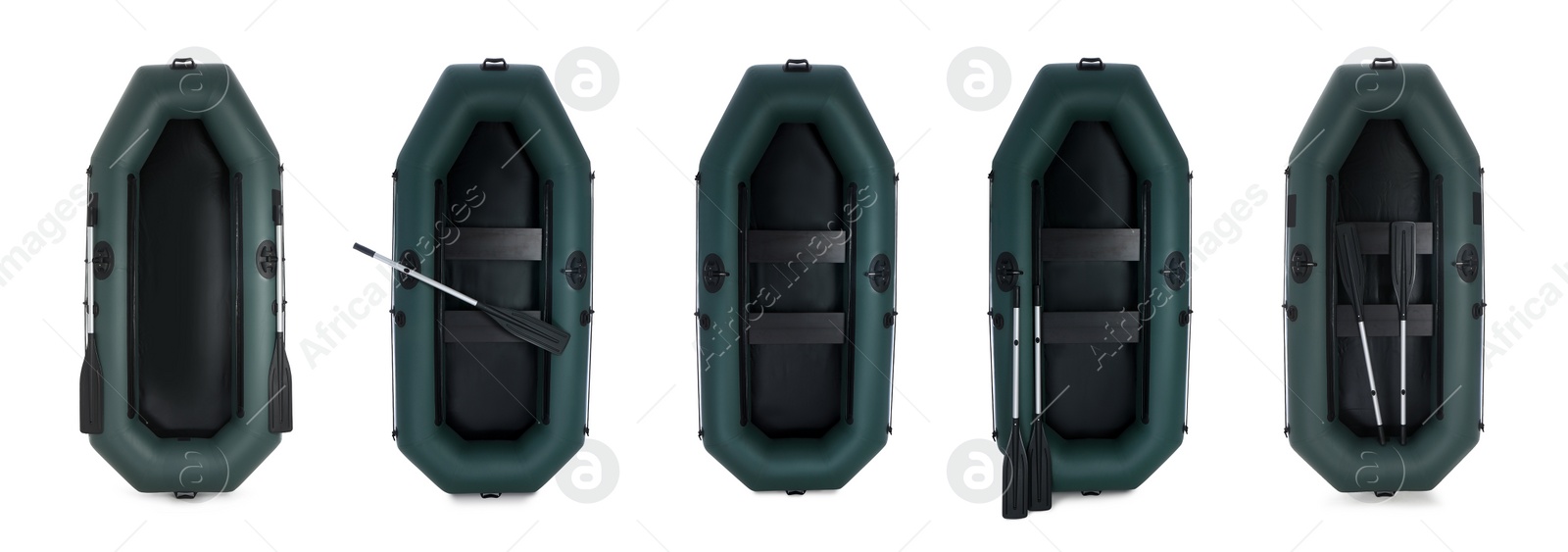 Image of Set with inflatable rubber fishing boats on white background, top view. Banner design