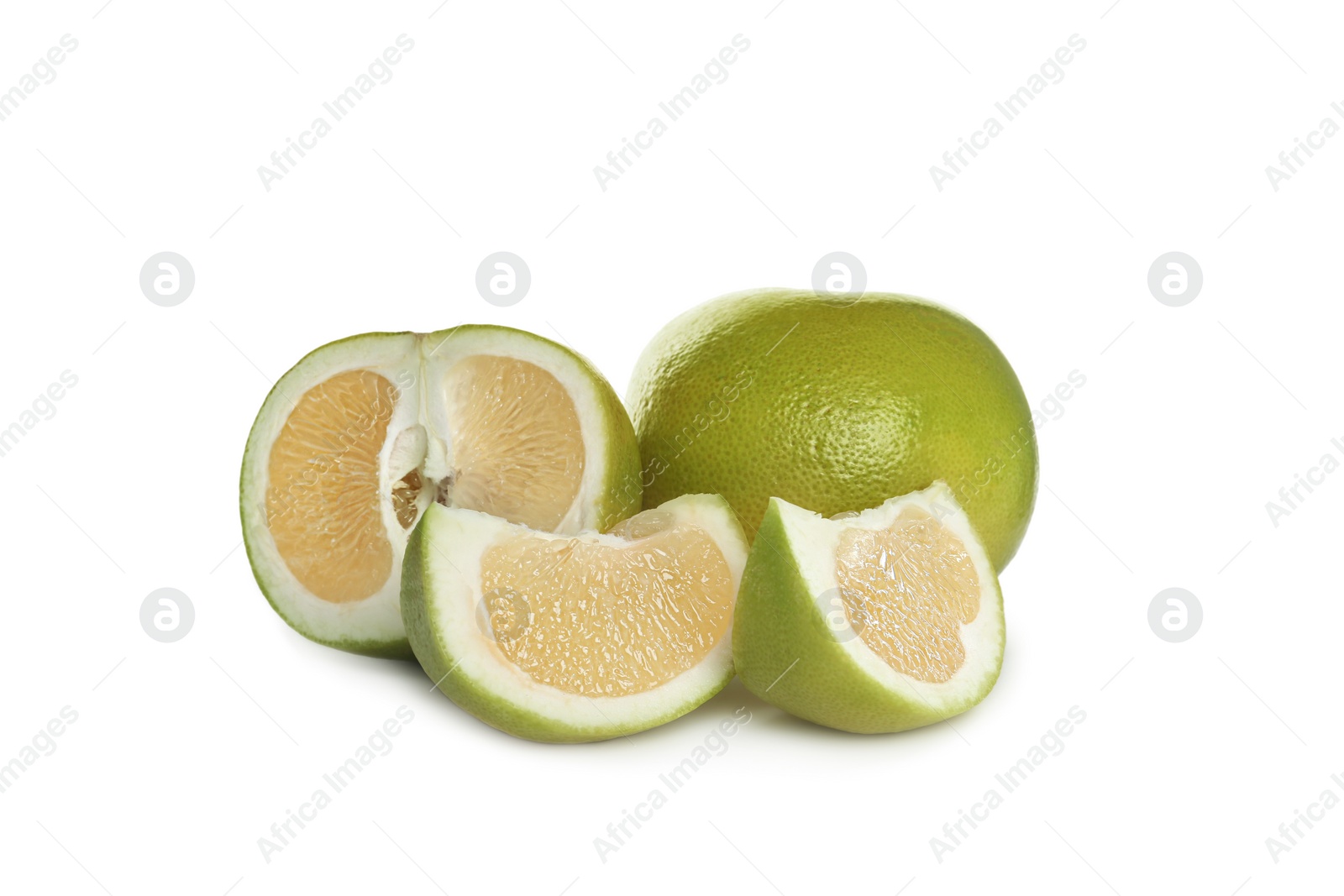 Photo of Whole and cut sweetie fruits on white background