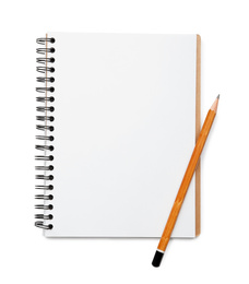 Photo of Notebook and pencil isolated on white, top view