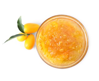 Delicious kumquat jam in bowl and fresh fruits on white background, top view