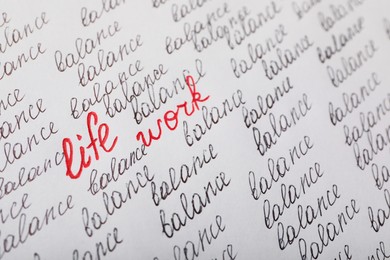 Photo of Many words on white background, closeup. Life and work balance concept