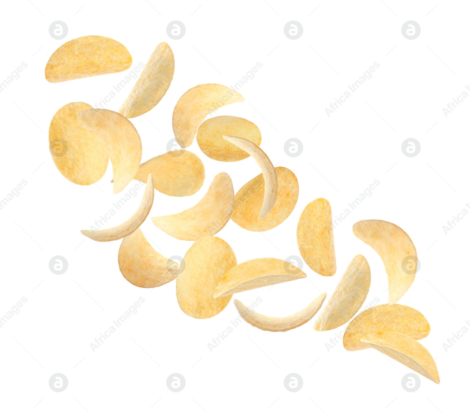 Image of Fried crispy potato chips flying on white background