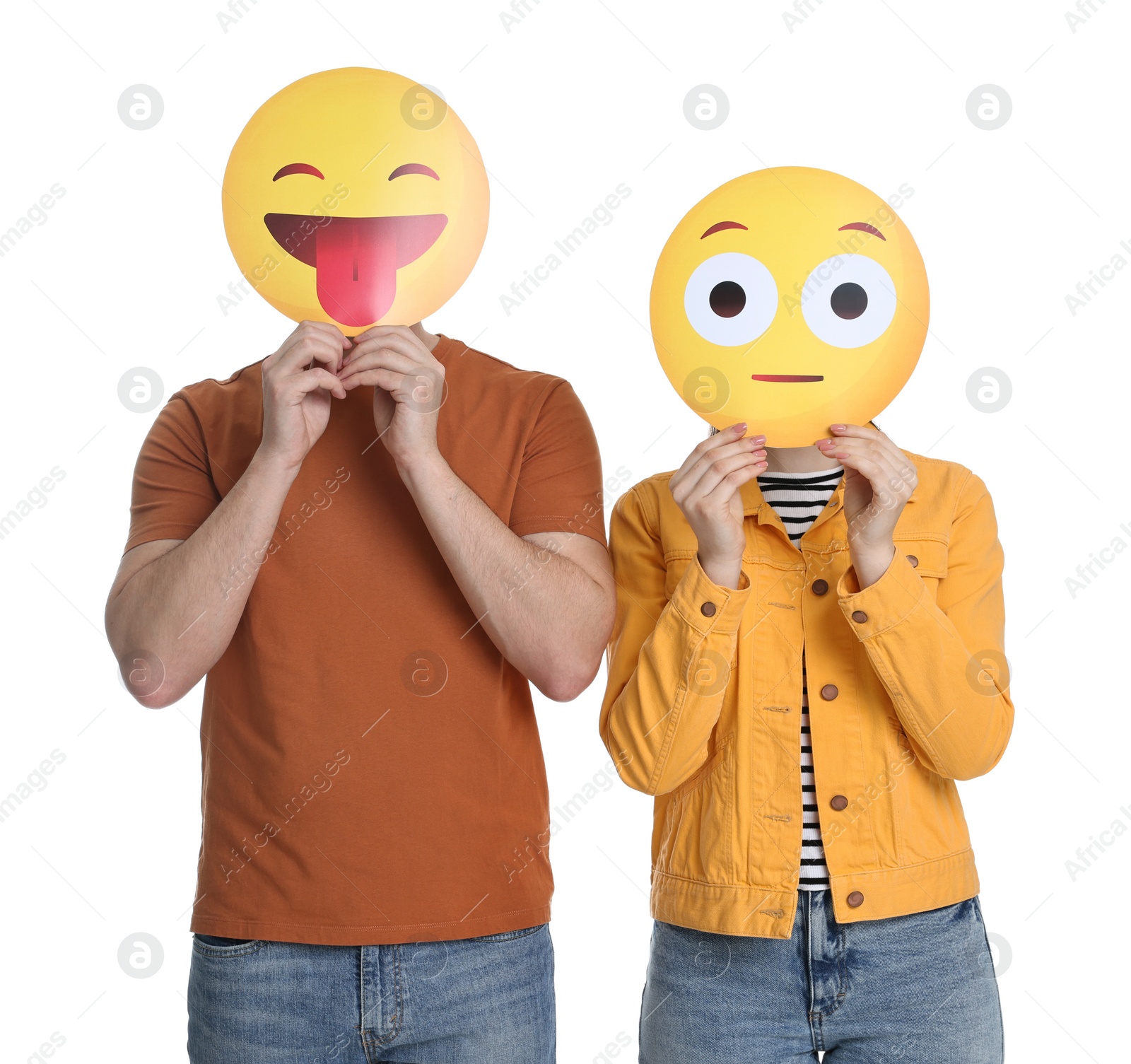 Photo of People covering faces with emoticons on white background