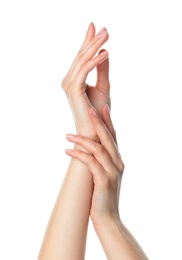 Woman with soft and silky skin on white background, closeup of hands