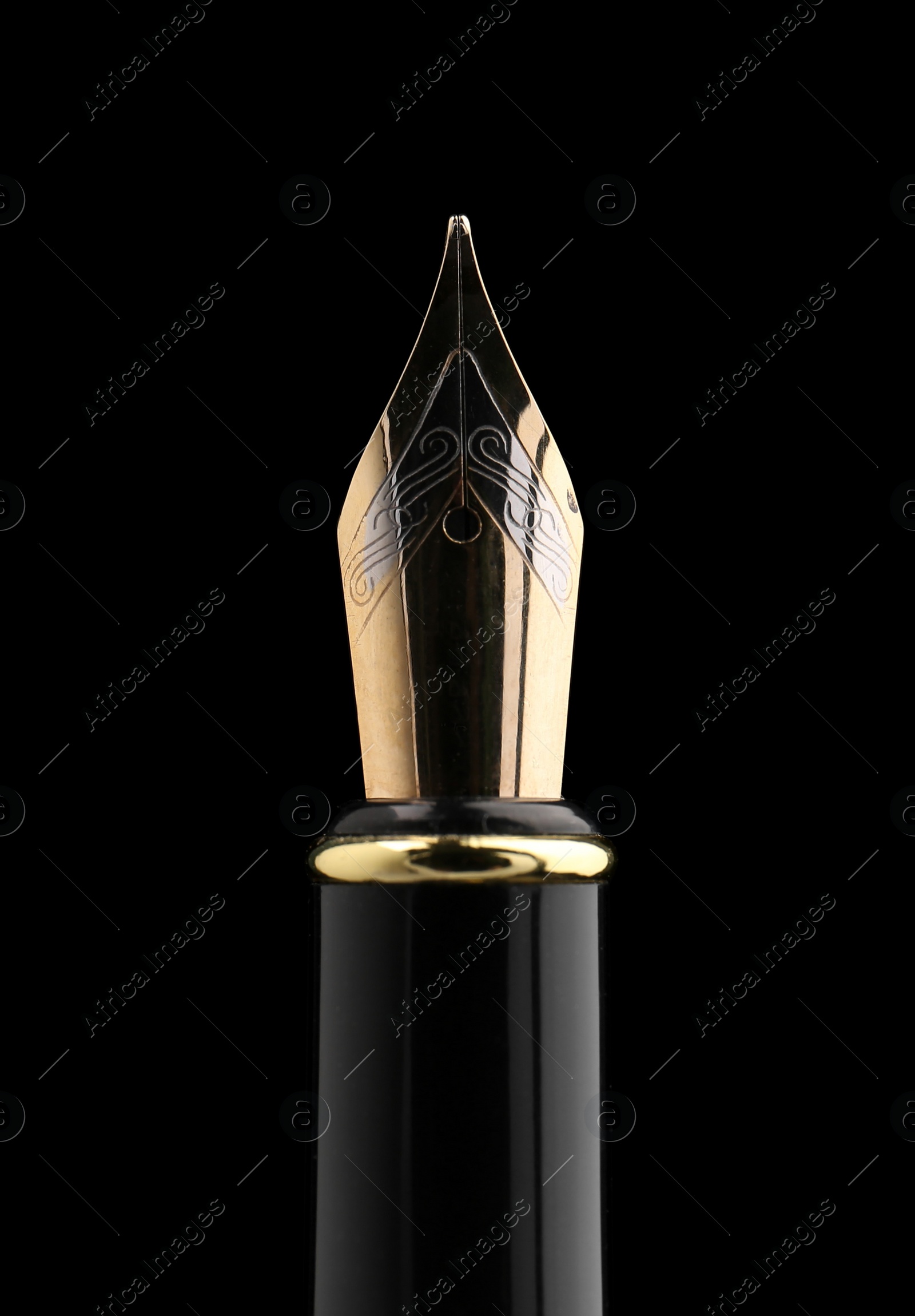 Photo of Stylish fountain pen on black background, closeup