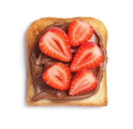 Toast bread with chocolate spread and strawberry on white background