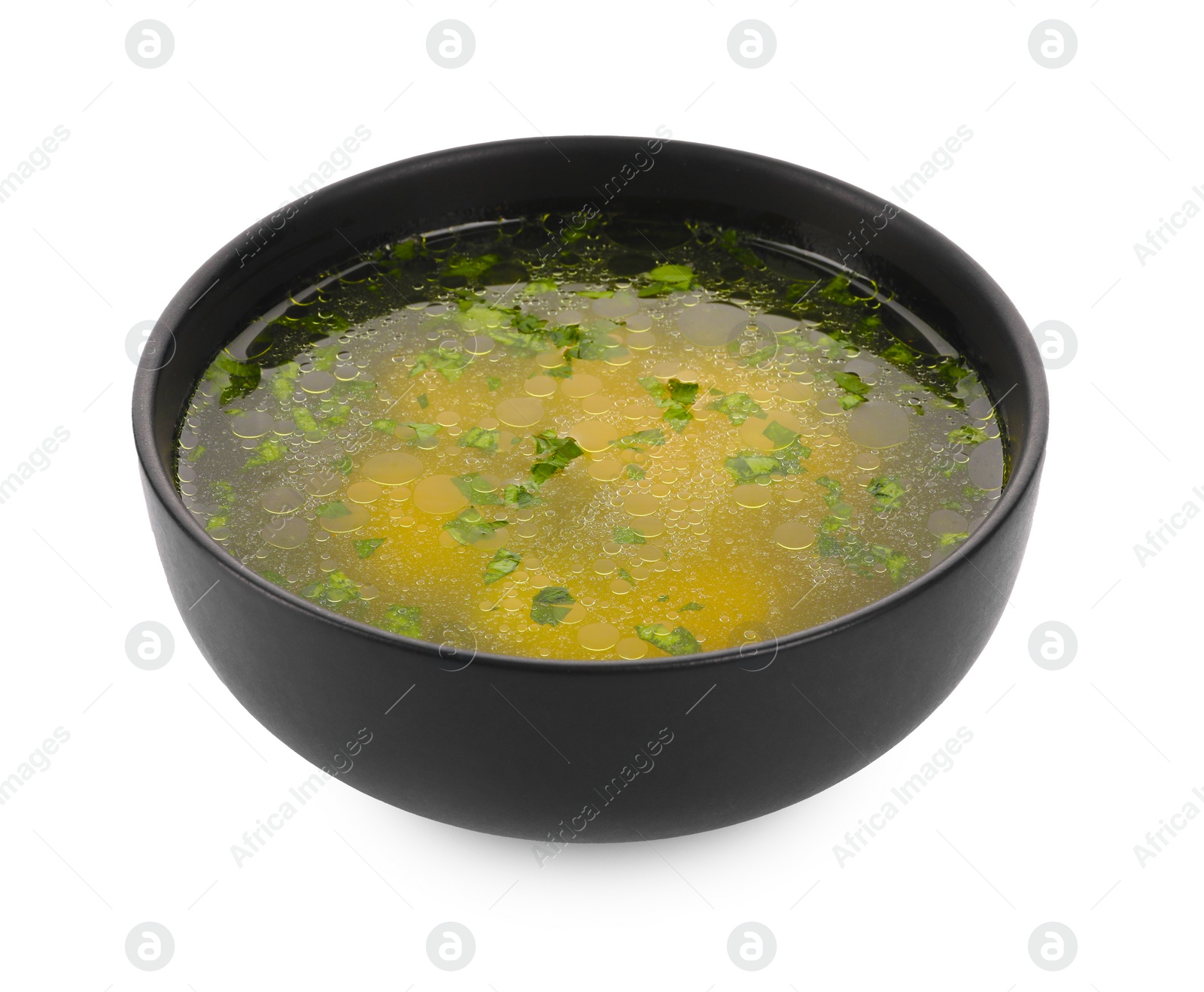 Photo of Delicious chicken soup with parsley isolated on white