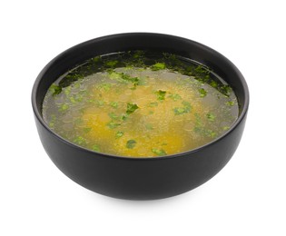 Delicious chicken soup with parsley isolated on white