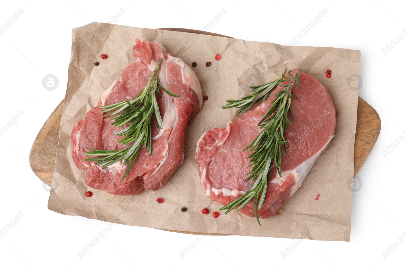 Photo of Fresh raw meat with rosemary and spices isolated on white, top view