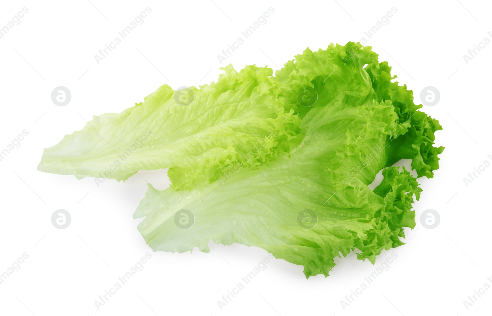 Photo of Fresh green lettuce leaves isolated on white, top view