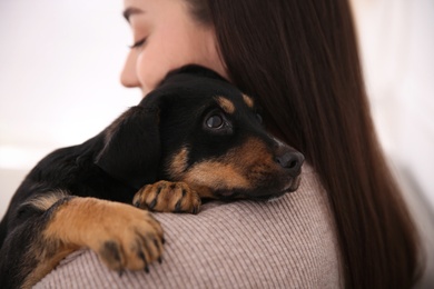 Photo of Woman with cute puppy on light background. Lovely pet