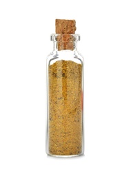 Glass bottle with spice on white background