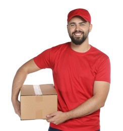 Happy young courier with cardboard box on white background