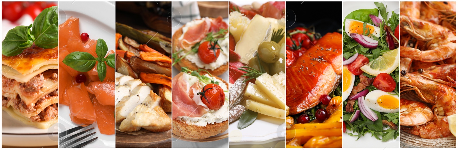 Image of Assortment of tasty dishes. Collage with different meals, closeup