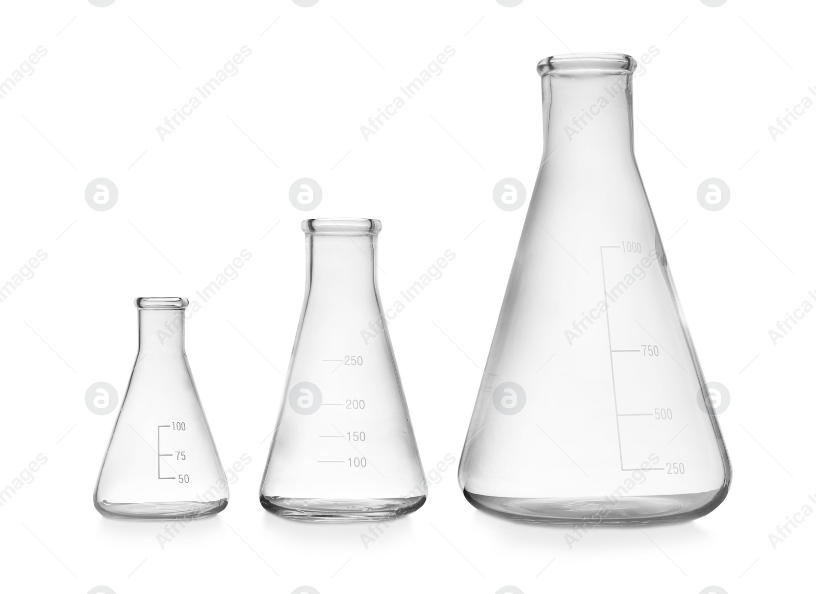 Photo of Empty conical flasks on white background. Laboratory glassware