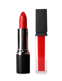 Photo of Different lipsticks on white background. Cosmetic product