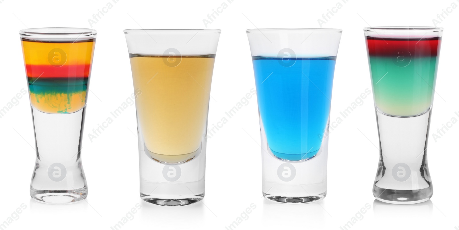 Image of Different shooters in shot glasses isolated on white, set