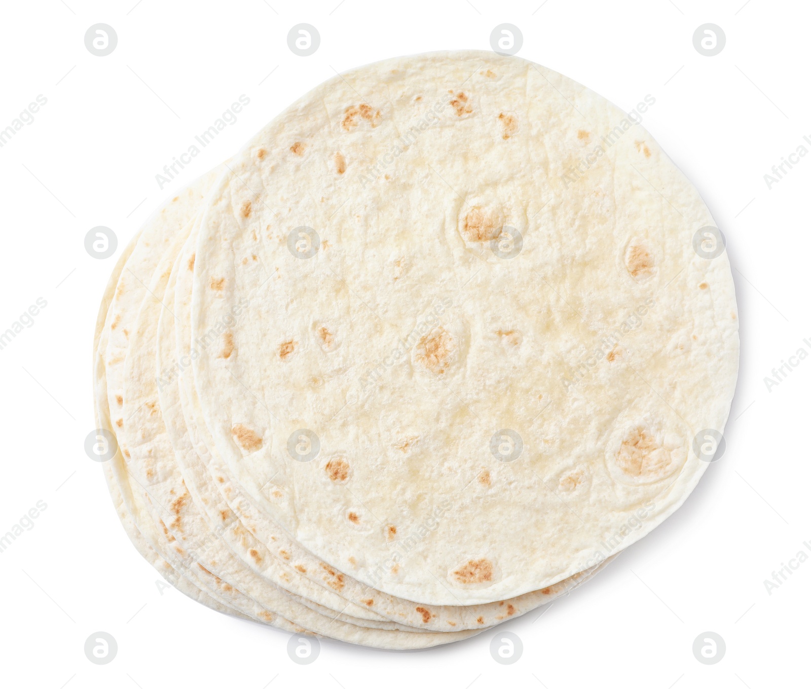 Photo of Corn tortillas on white background, top view. Unleavened bread