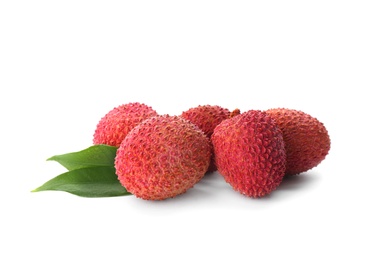 Photo of Fresh ripe lychees on white background. Exotic fruit
