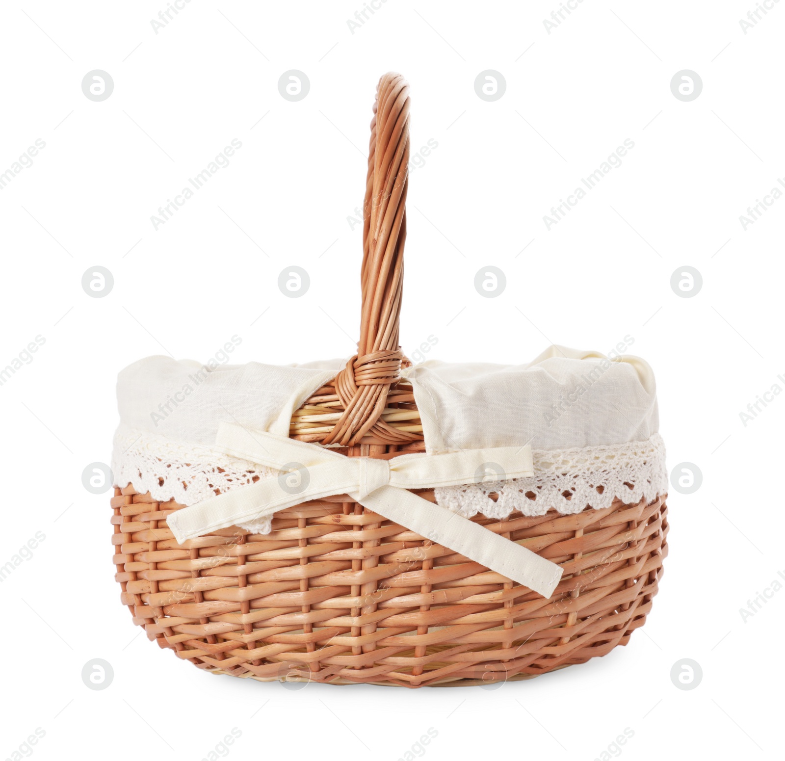 Photo of New Easter wicker basket with decorative fabric isolated on white