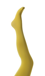 Photo of Leg mannequin in yellow tights on white background