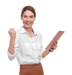 Photo of Beautiful happy businesswoman with tablet on white background