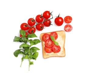Photo of Delicious toast with butter, tomatoes and basil isolated on white, top view