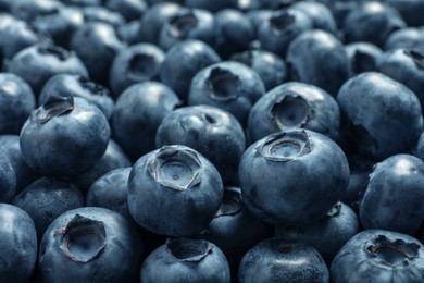 Photo of Tasty fresh blueberries as background, closeup view