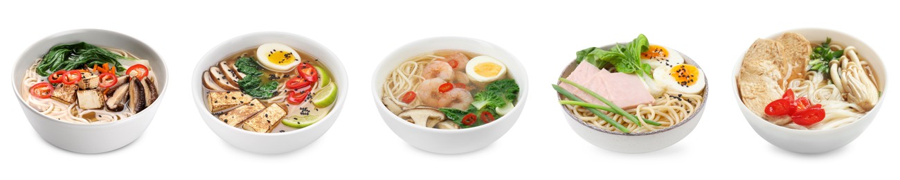 Image of Bowls of delicious ramen with different ingredients isolated on white, set. Noodle soup