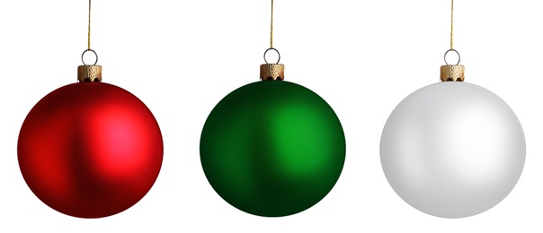 Image of Set of bright Christmas balls on white background. Banner design 