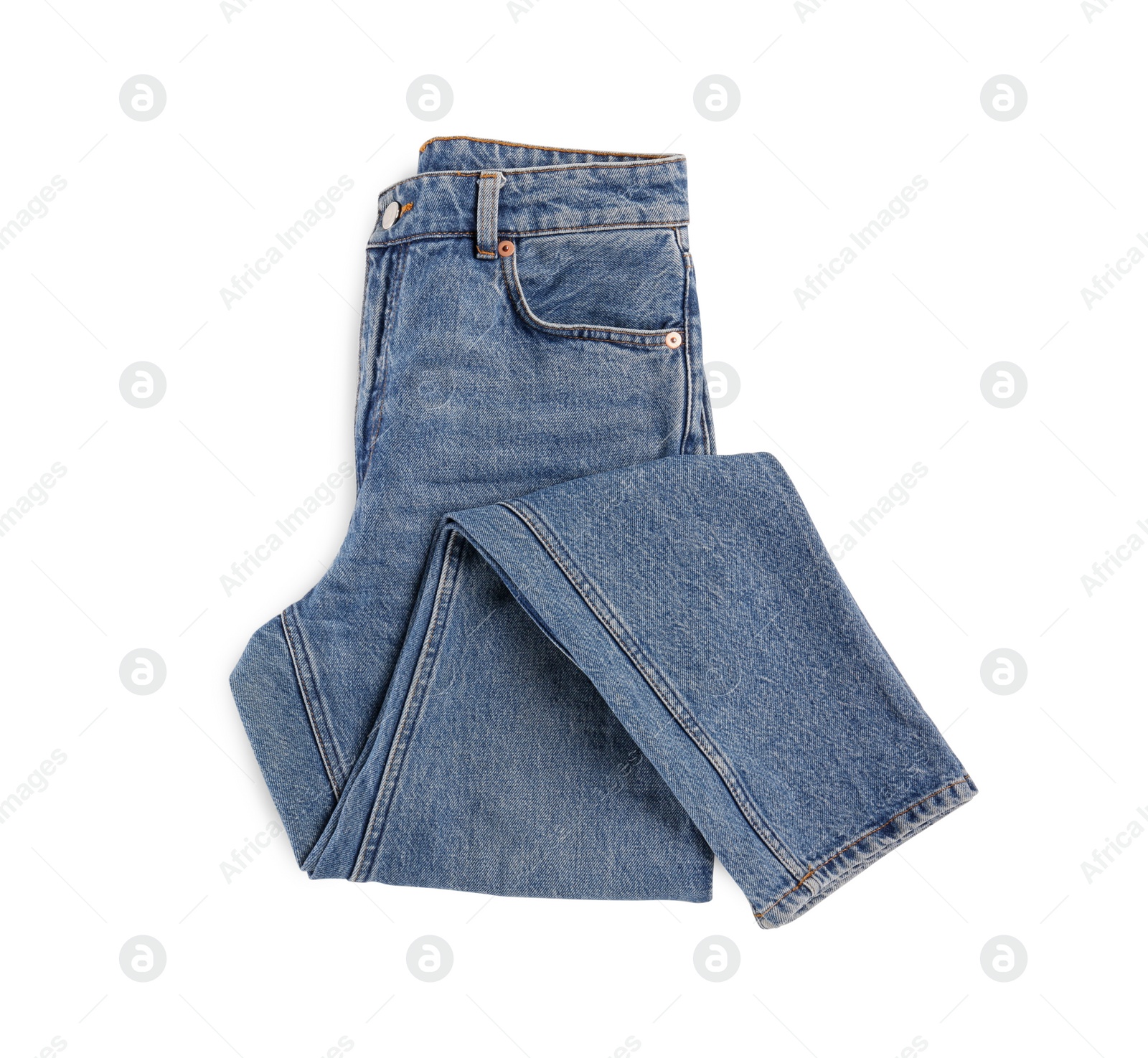 Photo of Blue jeans isolated on white, top view. Stylish clothes