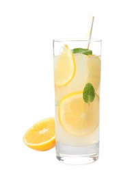 Photo of Cool freshly made lemonade in glass isolated on white