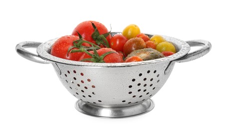 Photo of Metal colander with fresh tomatoes isolated on white