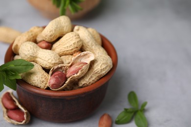 Fresh unpeeled peanuts in bowl and leaves on grey table, closeup. Space for text