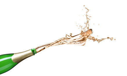 Image of Champagne splashing out of bottle on white background 