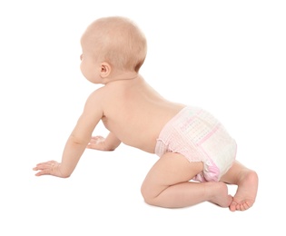 Cute little baby crawling on white background