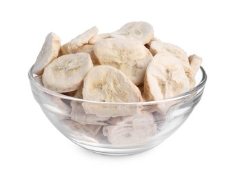 Photo of Freeze dried bananas in bowl on white background