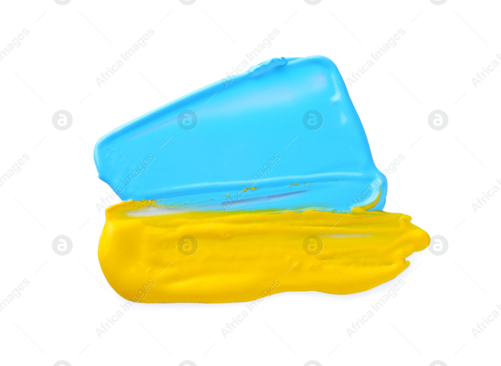 Photo of Light blue and yellow paint samples on white background, top view