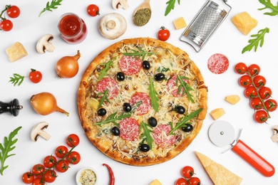 Photo of Composition with delicious pizza and ingredients on white background