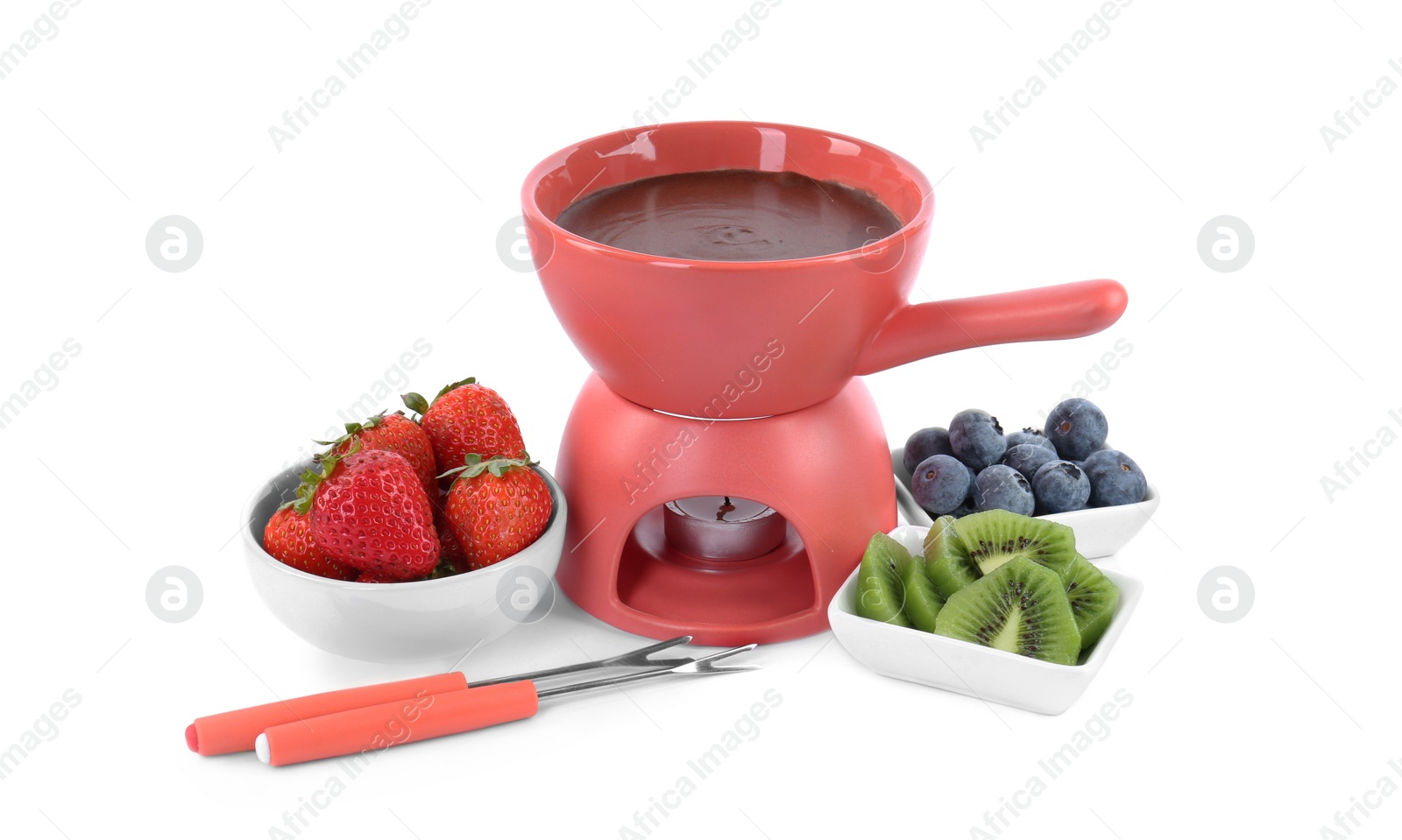 Photo of Fondue pot with melted chocolate, fresh berries, kiwi and forks isolated on white