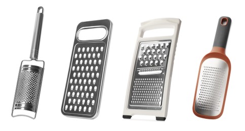 Image of Set with different graters on white background. Banner design