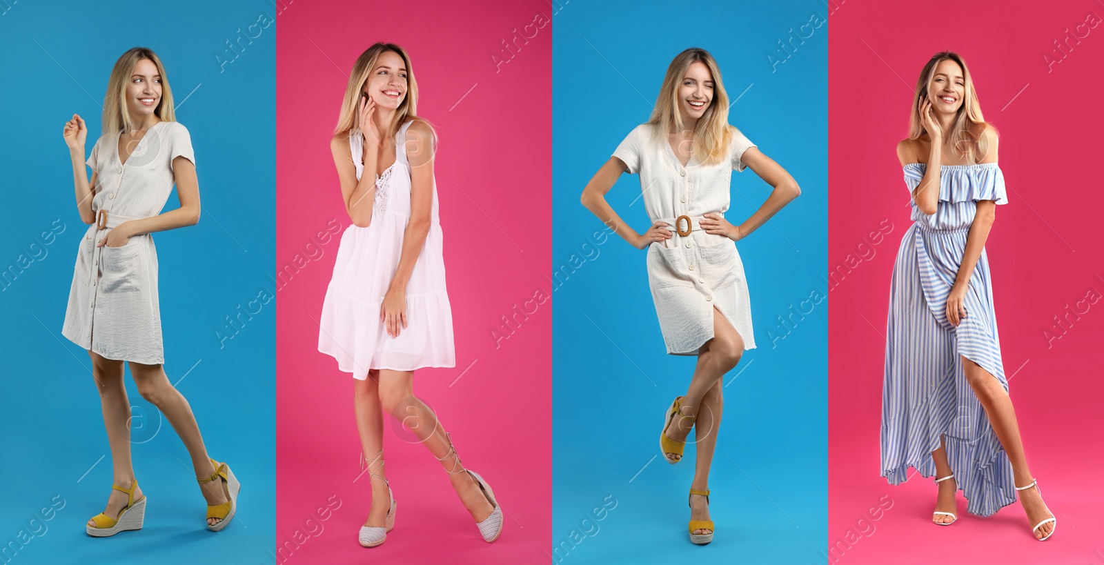 Image of Collage with photos of young woman wearing different dresses on bright backgrounds