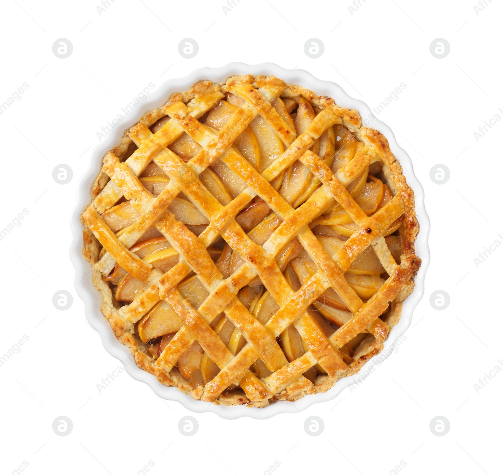 Photo of Tasty homemade quince pie isolated on white, top view