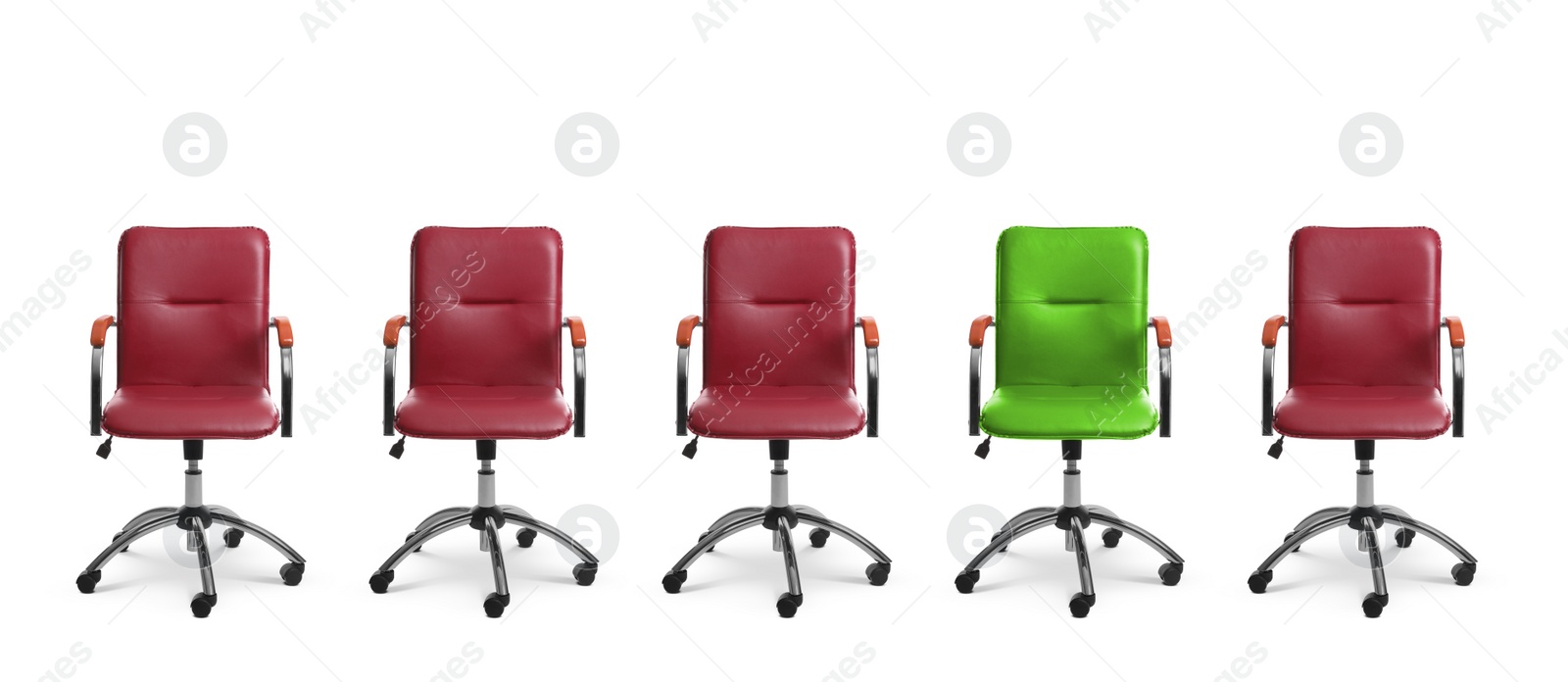 Image of Vacant position. Green office chair among red ones on white background, banner design
