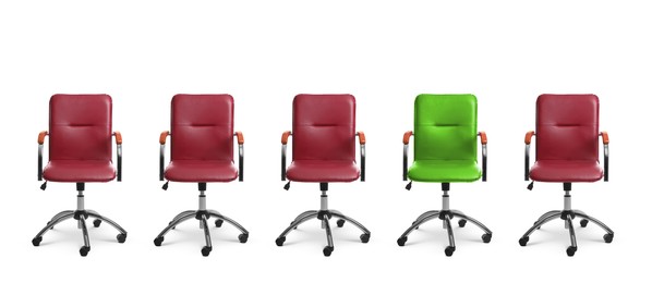 Image of Vacant position. Green office chair among red ones on white background, banner design
