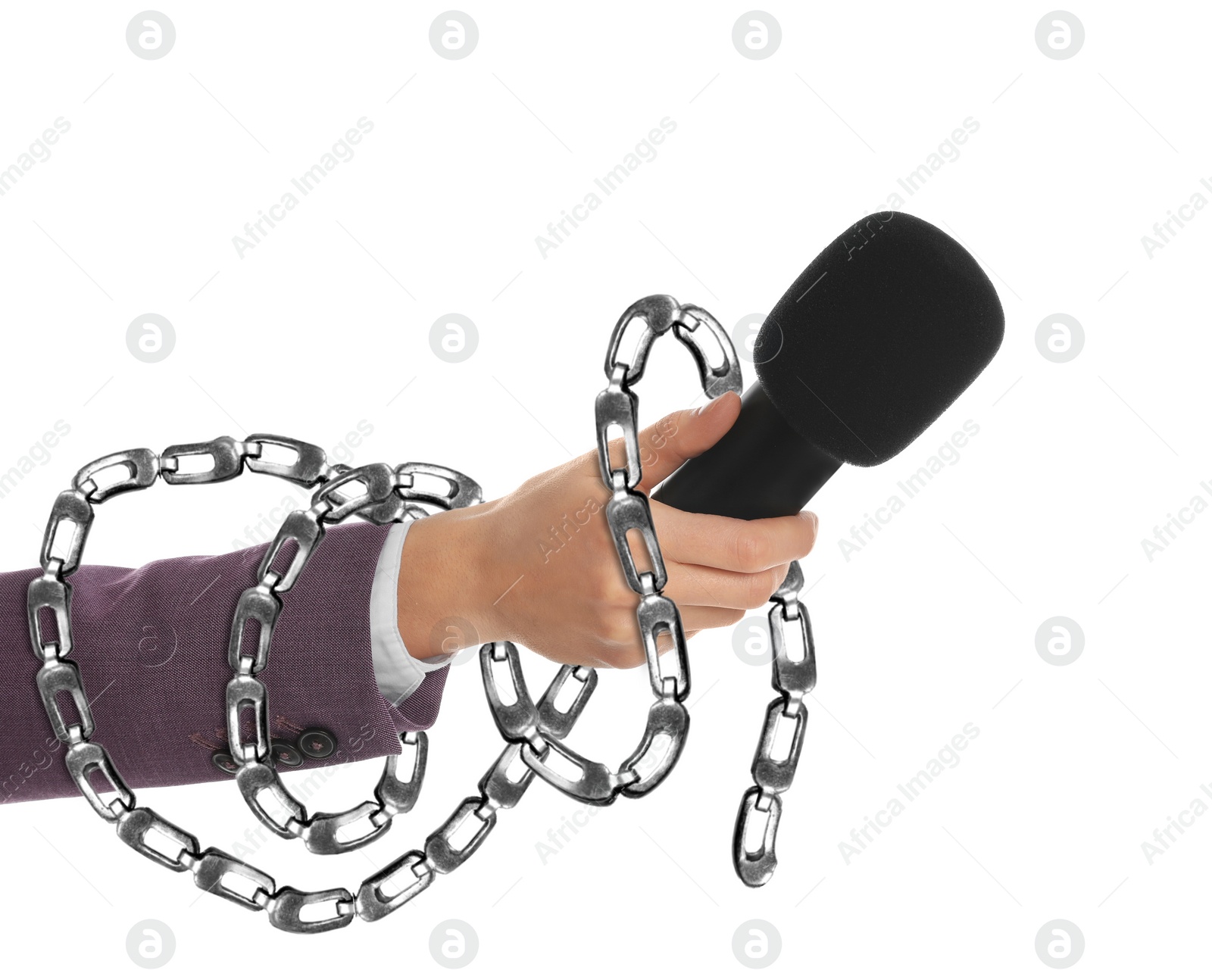 Image of Freedom of speech. Journalist with chain and microphone on white background, closeup