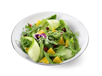 Photo of Delicious salad with cucumber and orange slices isolated on white