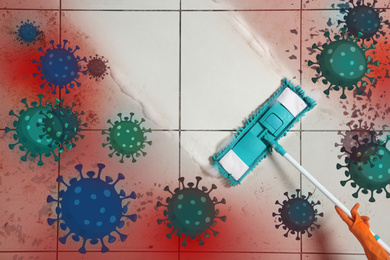 Image of Cleaning vs viruses. Woman washing floor with mop and disinfecting solution, top view