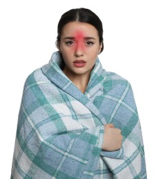 Image of Young woman wrapped in blanket suffering from fever on white background. Cold symptoms