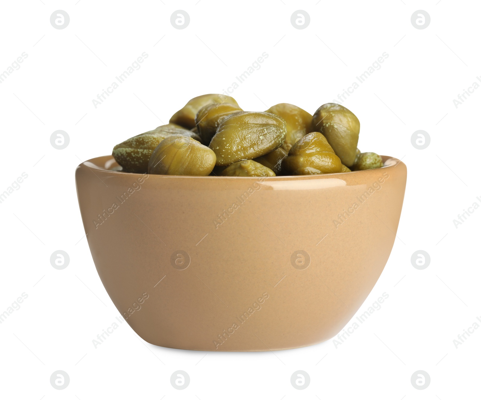 Photo of Many capers in bowl isolated on white